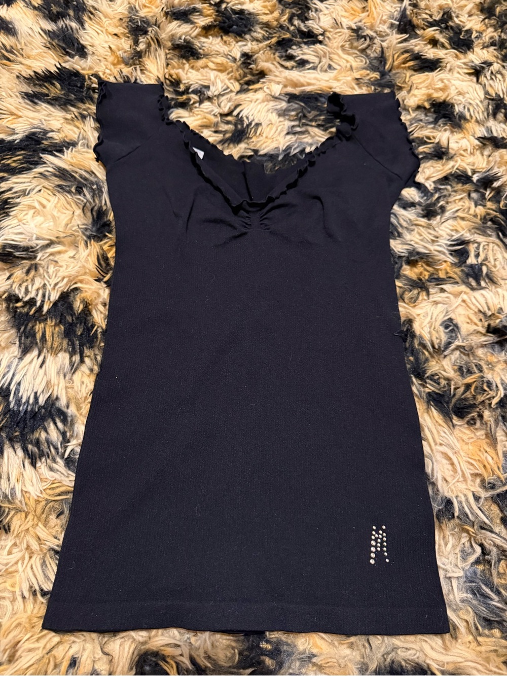 Marciano Black Ribbed Cap Sleeve Top with Scalloped Edge